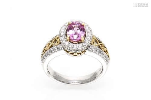 18K WHITE GOLD DIAMOND RING WITH YELLOW GOLD INLAY AND PINK SAPPHIRE