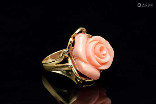 14K GOLD AND ANGEL SKIN CORAL FLOWER RING