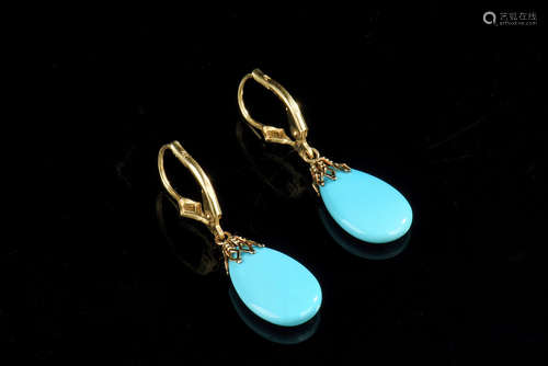 14K YELLOW GOLD TEAR DROP SHAPED TURQUOISE DANGLING LIVERBACK EARRINGS