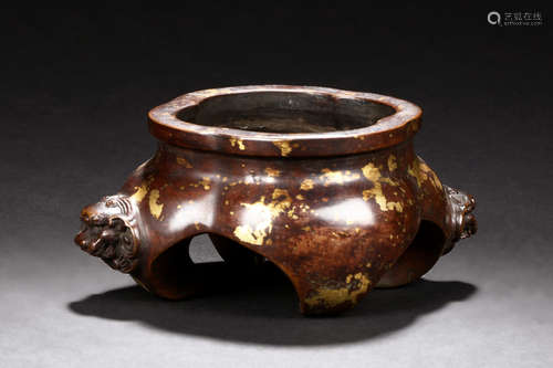 BRONZE CAST LOBED CENSER WITH BEAST MASK HANDLES