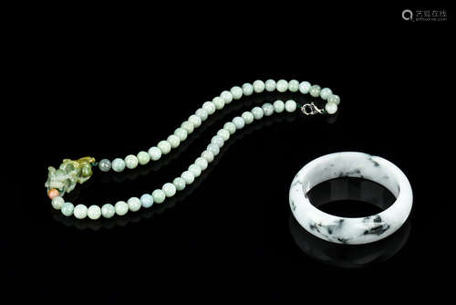 JADEITE CARVED PENDANT WITH NECKLACE AND JADE BANGLE