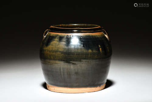 BLACK AND BROWN GLAZED JAR WITH TWO SMALL HANDLES