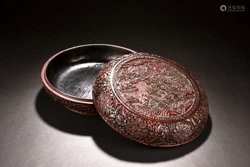 CARVED CINNABAR LACQUER ROUND BOX WITH COVER