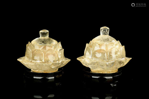 PAIR OF CRYSTAL CARVED LOTUS SHAPED SARIRA CONTAINERS