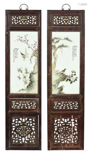 PAIR OF WOOD FRAMED FAMILLE ROSE 'FLOWERS AND BIRDS' PLAQUES