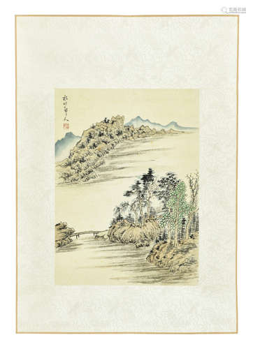 XU SHICHANG: INK AND COLOR ON PAPER PAINTING 'LANDSCAPE SCENERY'