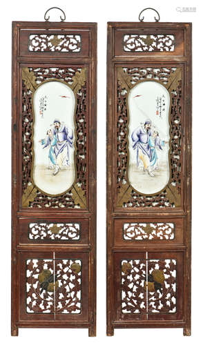 PAIR OF WOOD FRAMED FAMILLE ROSE 'TAI BAI' PLAQUES