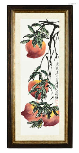 QI BAISHI: FRAMED INK AND COLOR ON PAPER PAINTING 'PEACHES'