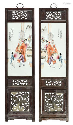 PAIR OF WOOD FRAMED FAMILLE ROSE 'LONGEVITY' PLAQUES