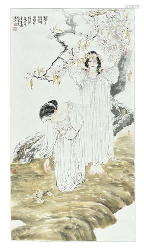 HE JIAYING: INK AND COLOR ON PAPER 'GIRLS' PAINTING