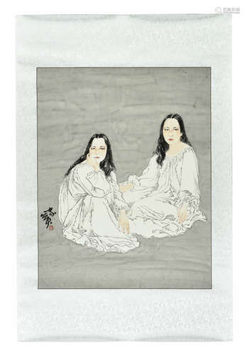 HE JIAYING: INK AND COLOR ON PAPER 'GIRLS' PAINTING