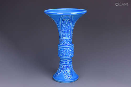 BLUE GLAZED AND CARVED FLOWER VASE, GU