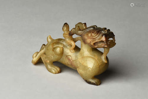 JADE CARVED 'MYTHICAL BEAST AND RIDER' FIGURE