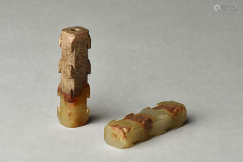 TWO JADE CARVED TUBE ORNAMENT, LEZI