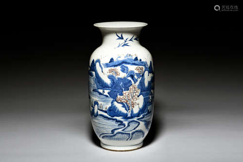 BLUE AND WHITE UNDERGLAZED RED 'SCENERY' VASE