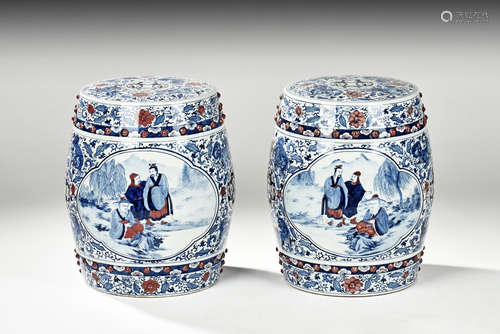 PAIR OF BLUE AND WHITE UNDERGLAZED RED GARDEN STOOLS