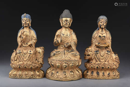 SET OF THREE SPLASH GILT HARDWOOD CARVED TRIKAYA BUDDHA