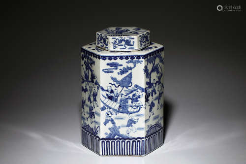 BLUE AND WHITE HEXAGONAL 'CHILDREN' JAR WITH COVER