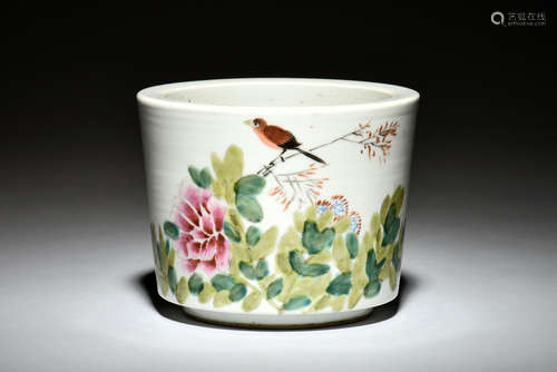 FAMILLE ROSE 'BIRDS' BRUSH POT