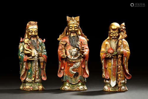 GROUP OF THREE BRONZE CAST FU LU SHOU FIGURES