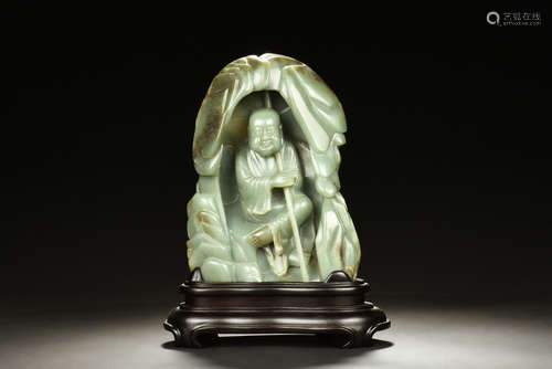 CELADON JADE CARVED ARHAT FIGURE