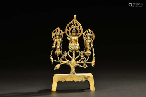 THREE GILT BRONZE BUDDHA FIGURAL GROUP