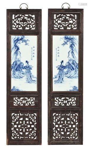 PAIR OF BLUE AND WHITE PORCELAIN PLAQUES WITH WOODEN FRAMES