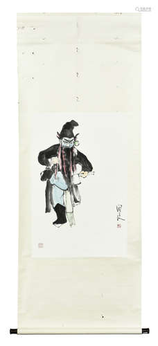 GUAN LIANG: INK AND COLOR ON PAPER PAINTING 'CHINESE OPERA SINGER'