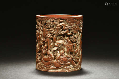 BAMBOO CARVED 'EIGHTEEN ARHATS' BRUSH POT