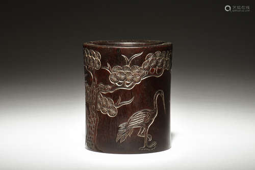 ZITAN WOOD CARVED 'CRANES' BRUSH POT