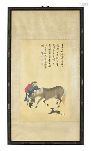 PU XINYU: FRAMED INK AND COLOR ON SILK PAINTING 'HORSE TRAINING'