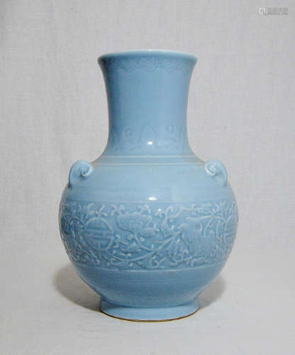 Chinese Monochrome Blue Glaze Porcelain Vase,