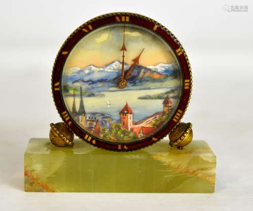 Round Bronze Enamel Clock w. Onxy Base