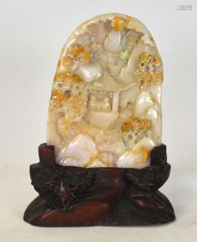 Chinese Carved Jade Boulder on Wood Stand
