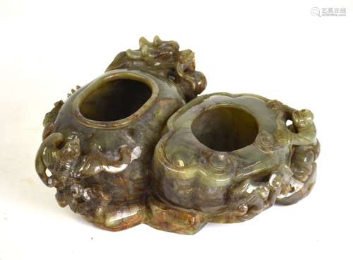 Chinese Carved Double Jade Brush Washer