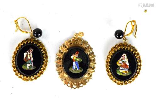 Set of 14K Gold  Micro Mosaic Pendant & Earrings