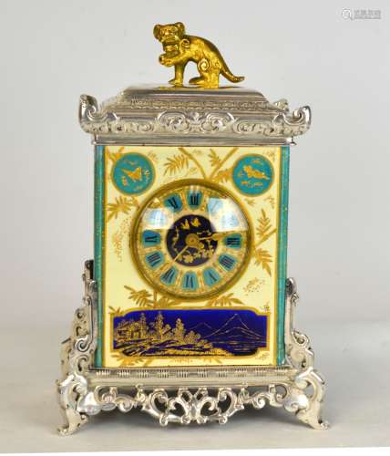 Enamel Porcelain & White Metal Clock w. Bronze Dog