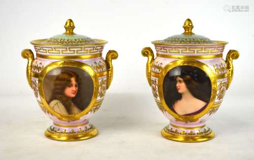 Pr Royal Vienna Porcelain Portrait Covered Vases