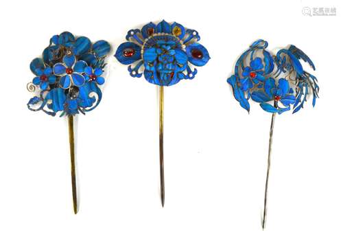 Three Chinese Kingfisher Feather Pins