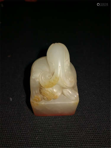 Old Chinese White Hetian Jade Lion Button Seal