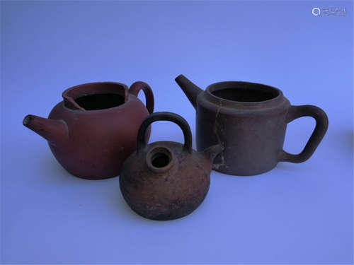 Three Damaged Antique Chinese Yixing Zisha Teapots