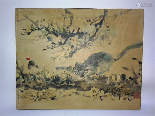 1954 Two Chinese Flower Cat Oil Painting Signed Lee Ko