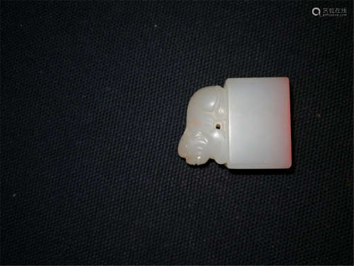 Old Chinese White Hetian Jade Beast Button Seal