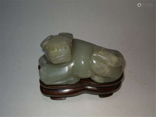 Qing Dy Chinese Jade Carving Bull Rosewood Stand