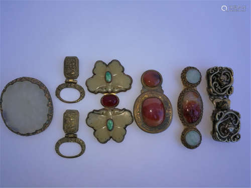 Seven Chinese Gilt Bronze Inlaid Treasure Belt Buckles