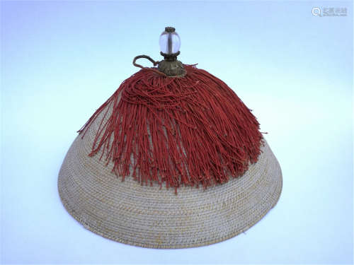 Qing Dynasty Chinese Rattan Weave Red Top Official Hat