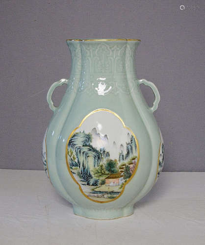Chinese Monochrome Green Glaze Base With Famille Rose Vase