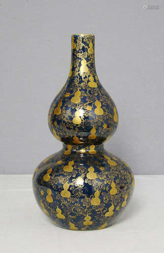 Chinese Monochrome Blue Glaze Porcelain Gourd Vase With Mark