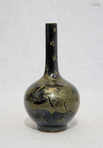 Small Chinese Monochrome Black Glaze Porcelain Vase With Mark
