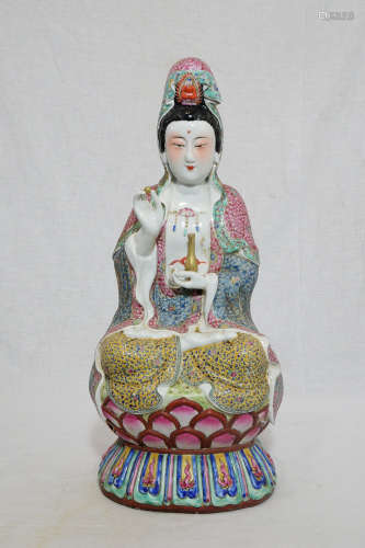 Chinese Famille Rose Porcelain Seated Kwan-Yin With Mark